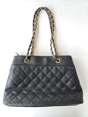 Vintage-Style Black Quilted Faux Leather Chain Shoulder Bag Tote